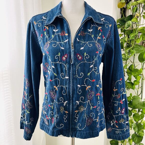 Erika Floral Embroidered Wearable Art Zip up Denim Jean Jacket - Size Medium - Picture 1 of 7